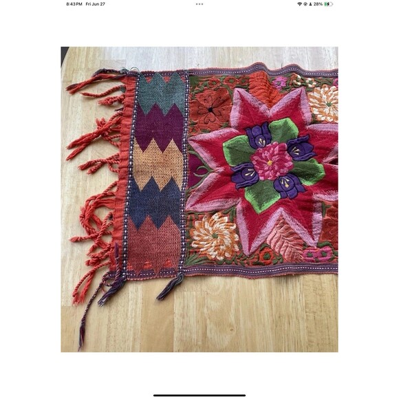 Antique Table Runner 90”x15” Vibrant Colors Intricate Embroidery Floral and Star - Picture 3 of 12